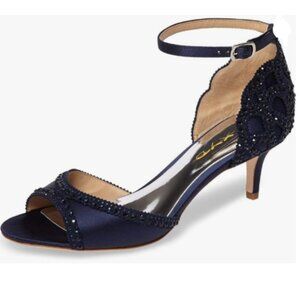 XYD Navy Open Toe Rhinestones Ankle Strap Sandals Low Heel Bridal Evening Shoes